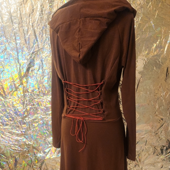Hooded robber style dress with faux suede leather drawstrings - Picture 10 of 11